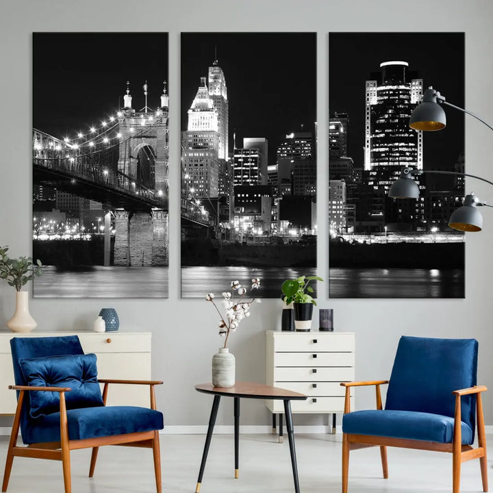 Black and White Cincinnati Bridge Cityscape Wall Art Print Canvas Wall Decor