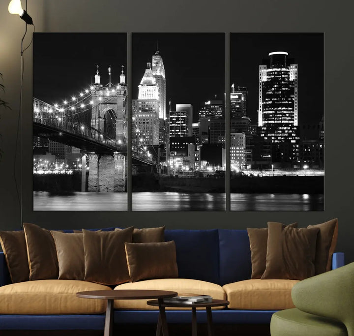 Black and White Cincinnati Bridge Cityscape Wall Art Print Canvas Wall Decor