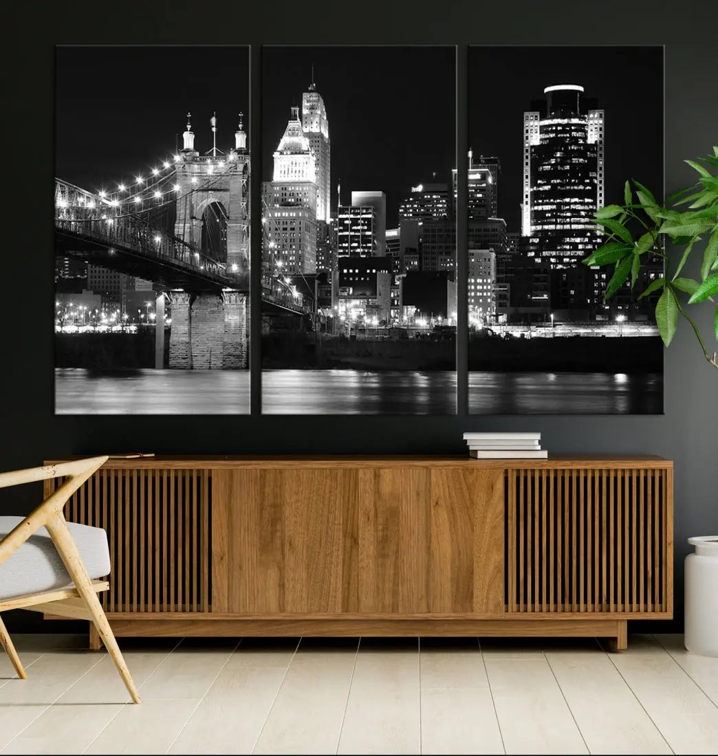 Black and White Cincinnati Bridge Cityscape Wall Art Print Canvas Wall Decor