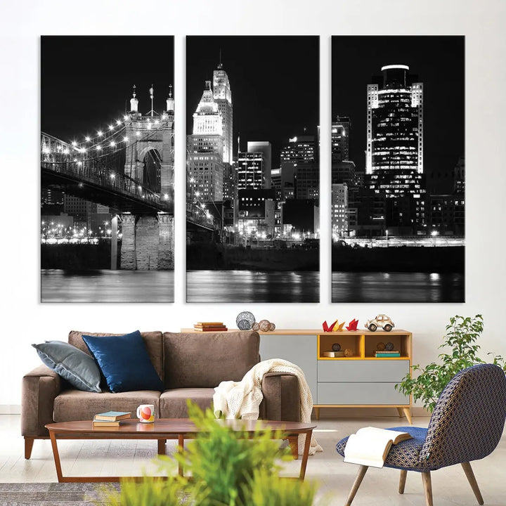 Black and White Cincinnati Bridge Cityscape Wall Art Print Canvas Wall Decor