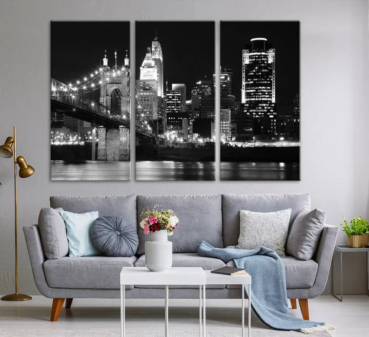 Black and White Cincinnati Bridge Cityscape Wall Art Print Canvas Wall Decor