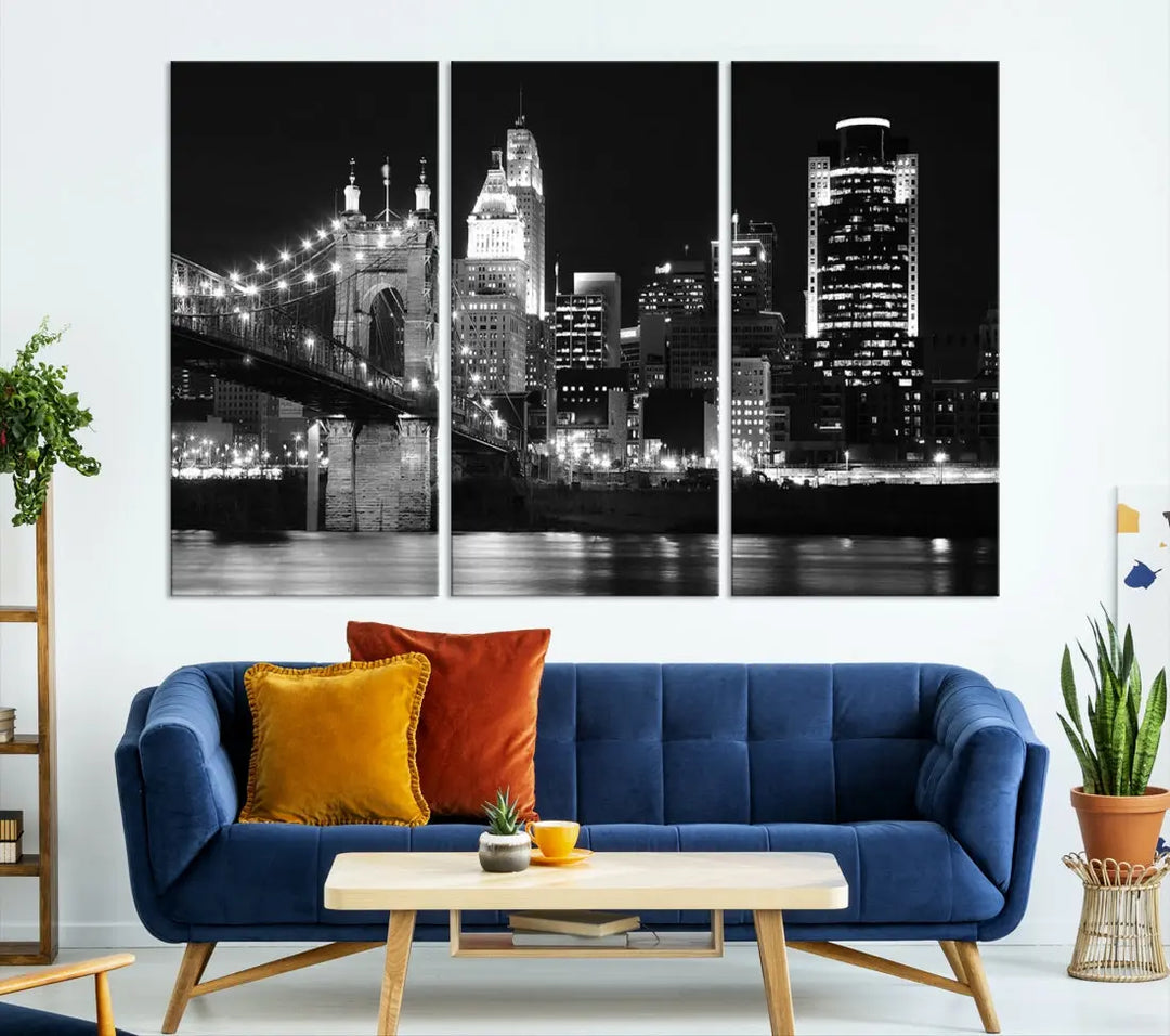 Black and White Cincinnati Bridge Cityscape Wall Art Print Canvas Wall Decor