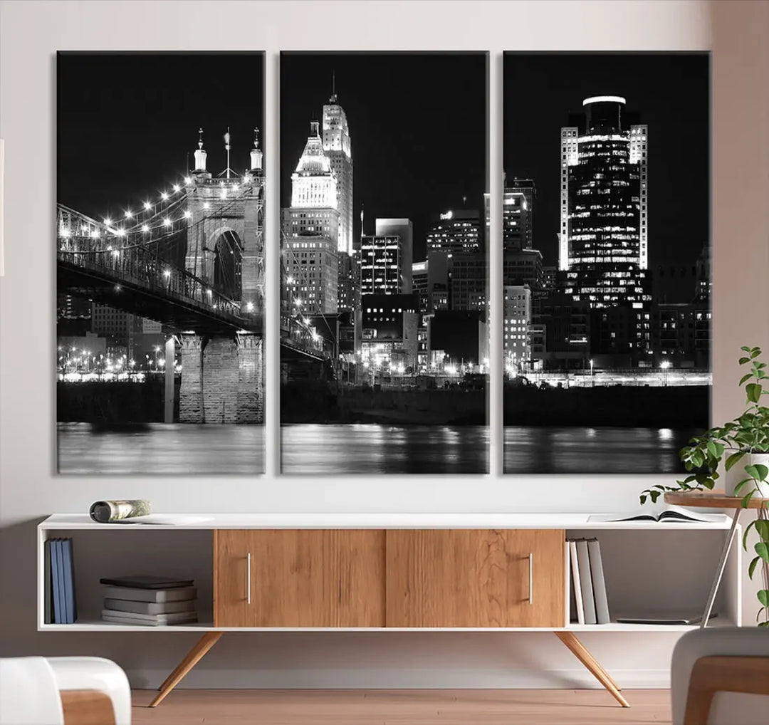 Black and White Cincinnati Bridge Cityscape Wall Art Print Canvas Wall Decor