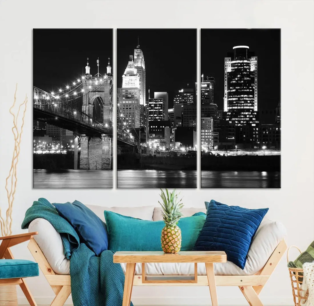 Black and White Cincinnati Bridge Cityscape Wall Art Print Canvas Wall Decor