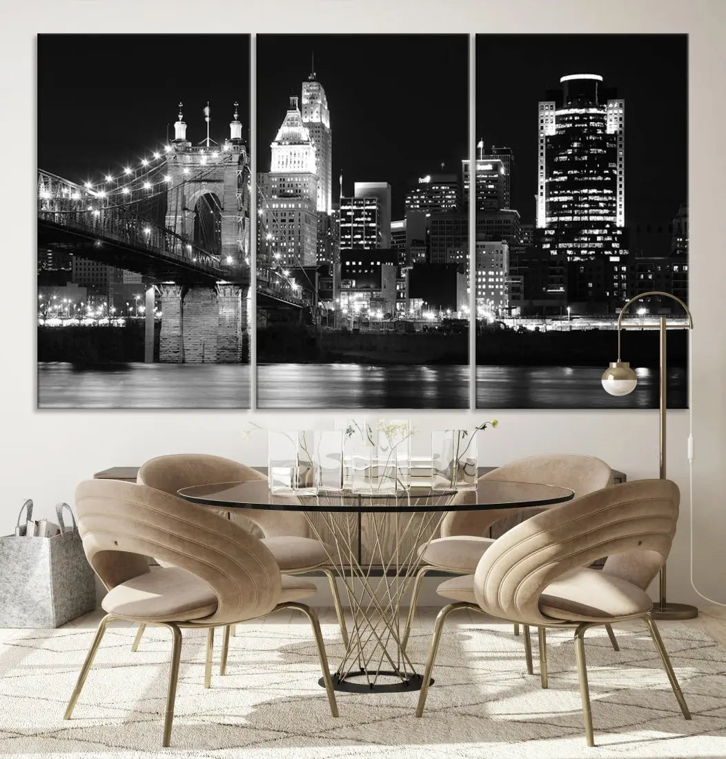 Black and White Cincinnati Bridge Cityscape Wall Art Print Canvas Wall Decor