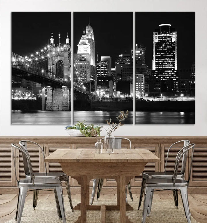 Black and White Cincinnati Bridge Cityscape Wall Art Print Canvas Wall Decor