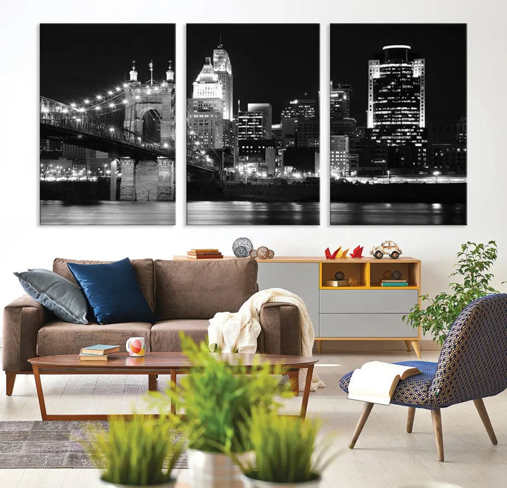 Black and White Cincinnati Bridge Cityscape Wall Art Print Canvas Wall Decor