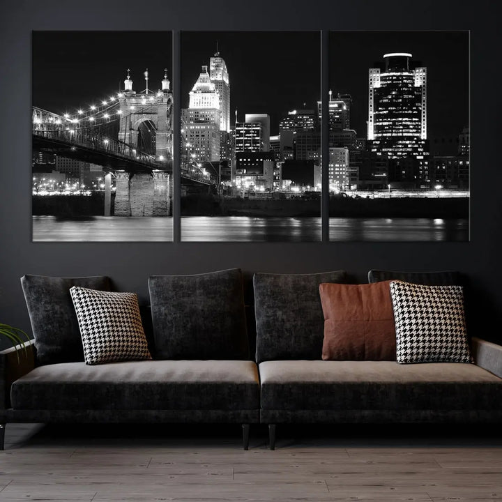 Black and White Cincinnati Bridge Cityscape Wall Art Print Canvas Wall Decor