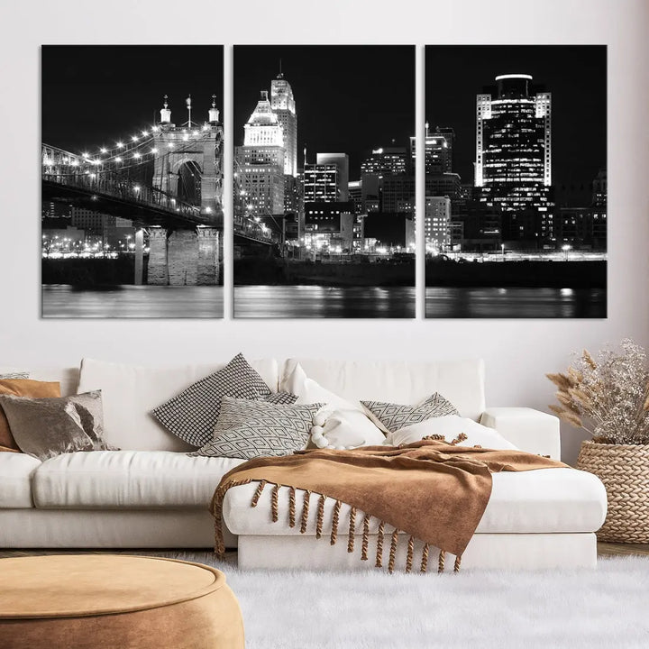 Black and White Cincinnati Bridge Cityscape Wall Art Print Canvas Wall Decor