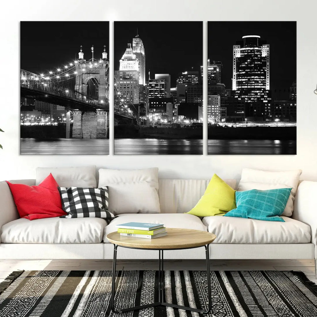 Black and White Cincinnati Bridge Cityscape Wall Art Print Canvas Wall Decor