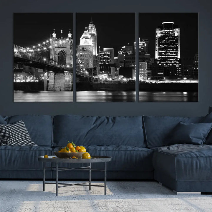 Black and White Cincinnati Bridge Cityscape Wall Art Print Canvas Wall Decor