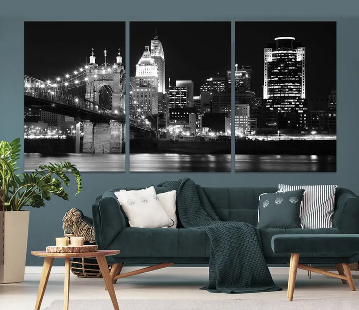 Black and White Cincinnati Bridge Cityscape Wall Art Print Canvas Wall Decor