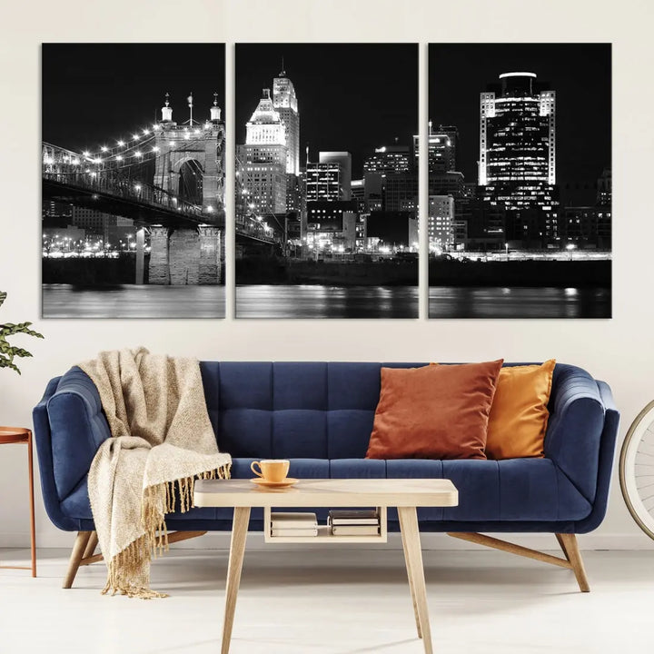 Black and White Cincinnati Bridge Cityscape Wall Art Print Canvas Wall Decor