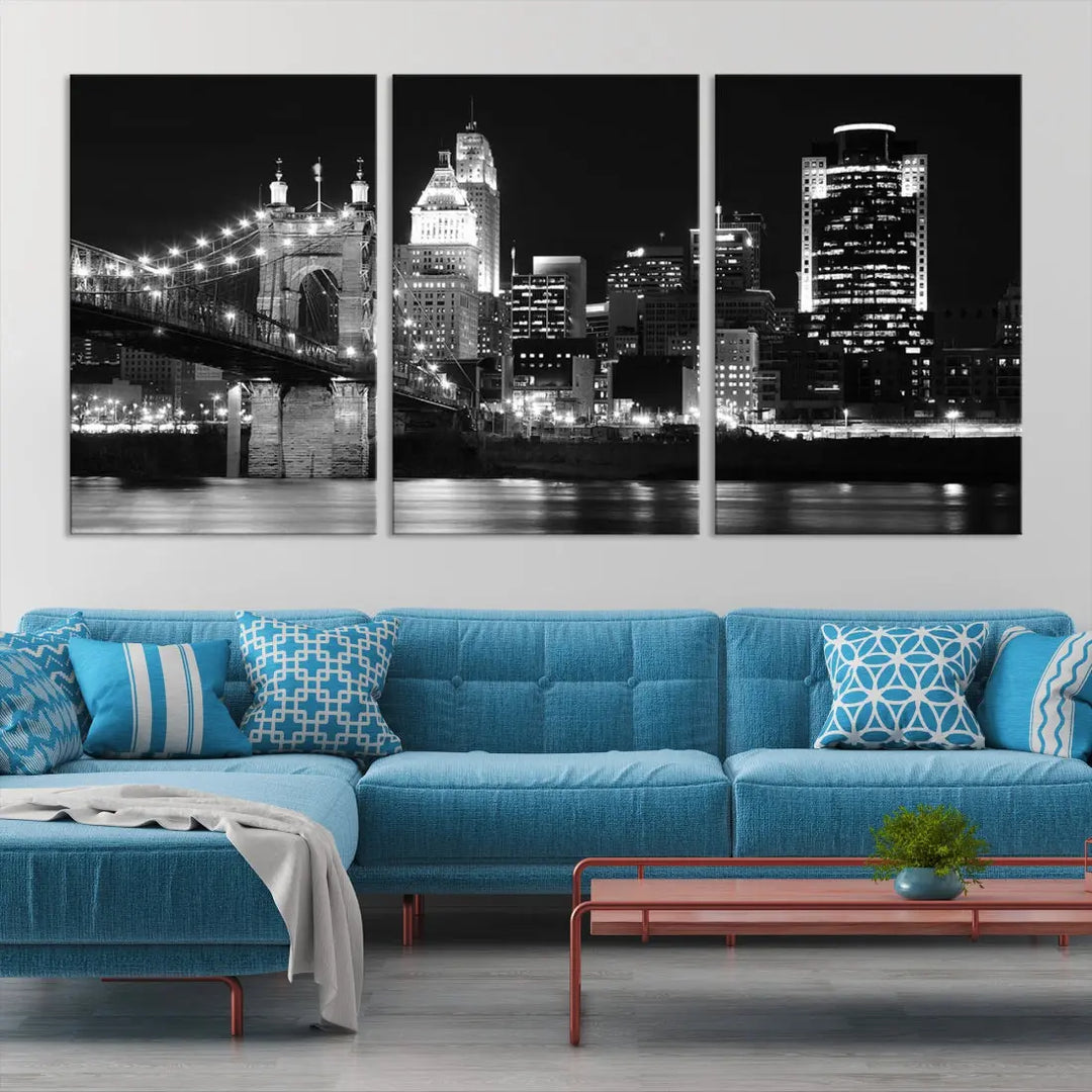 Black and White Cincinnati Bridge Cityscape Wall Art Print Canvas Wall Decor