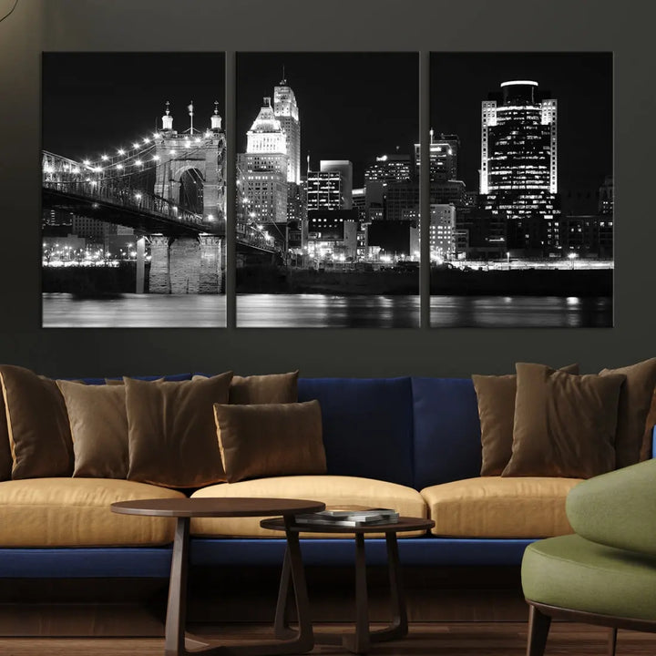 Black and White Cincinnati Bridge Cityscape Wall Art Print Canvas Wall Decor