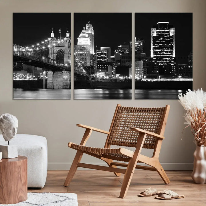 Black and White Cincinnati Bridge Cityscape Wall Art Print Canvas Wall Decor