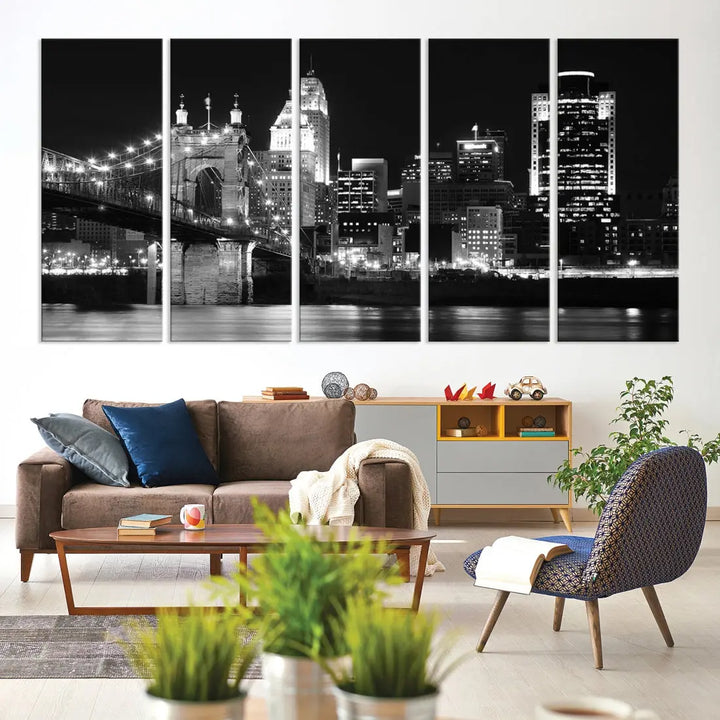 Black and White Cincinnati Bridge Cityscape Wall Art Print Canvas Wall Decor