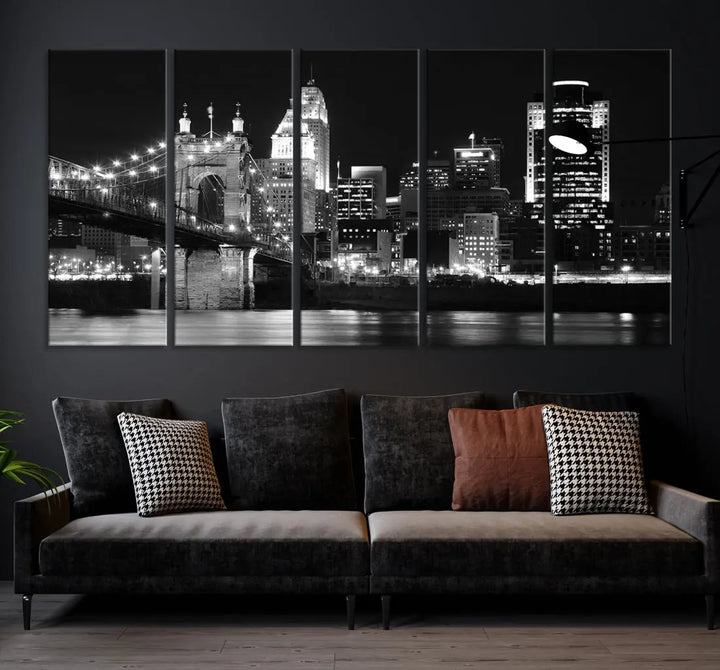 Black and White Cincinnati Bridge Cityscape Wall Art Print Canvas Wall Decor