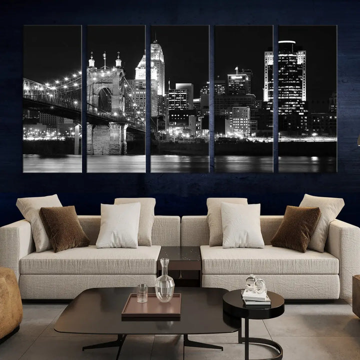 Black and White Cincinnati Bridge Cityscape Wall Art Print Canvas Wall Decor