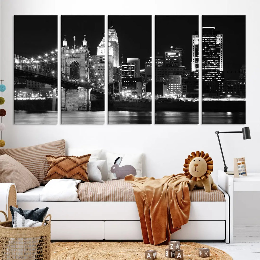 Black and White Cincinnati Bridge Cityscape Wall Art Print Canvas Wall Decor