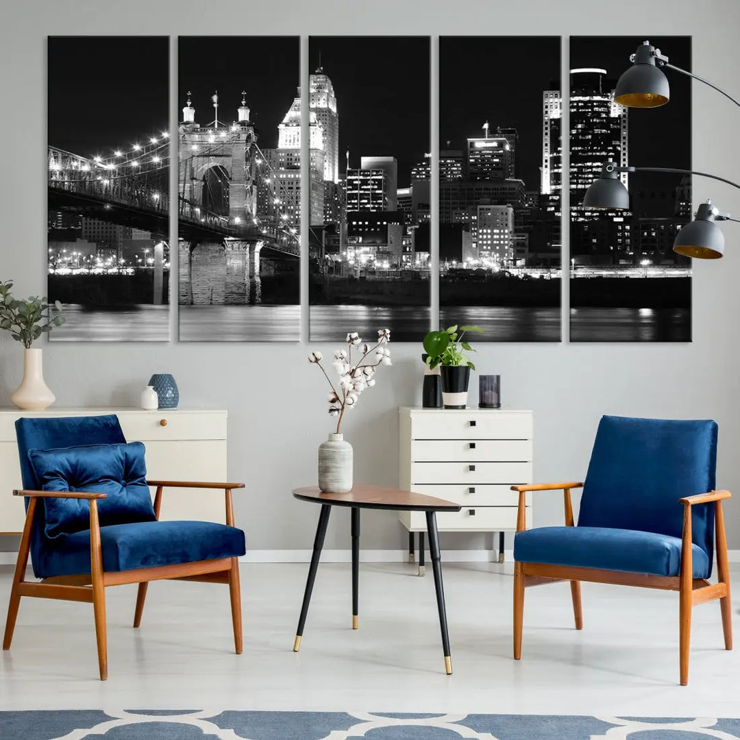 Black and White Cincinnati Bridge Cityscape Wall Art Print Canvas Wall Decor