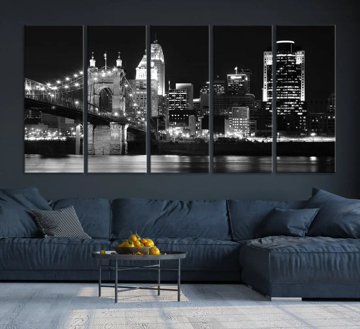 Black and White Cincinnati Bridge Cityscape Wall Art Print Canvas Wall Decor