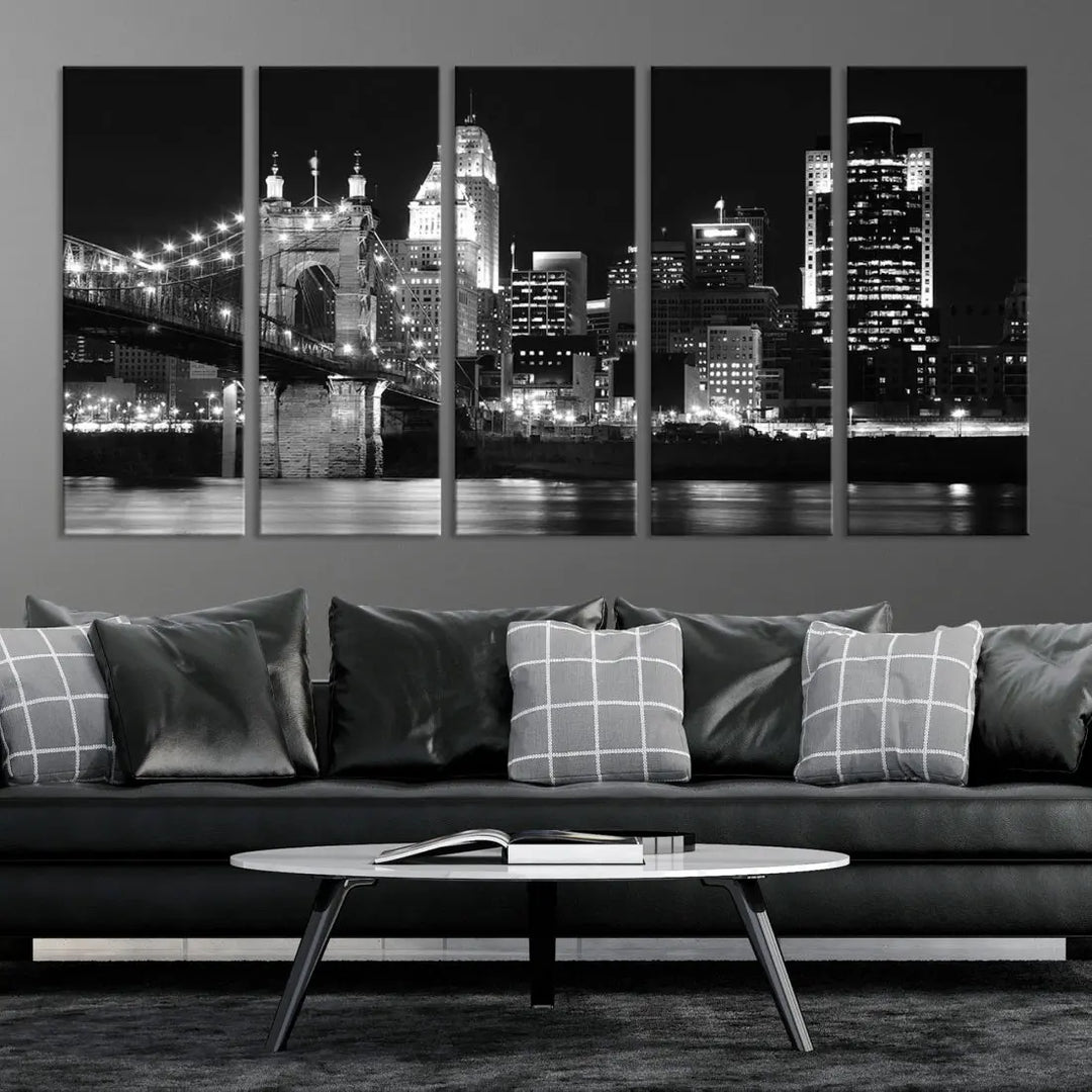 Black and White Cincinnati Bridge Cityscape Wall Art Print Canvas Wall Decor