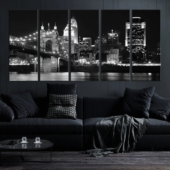 Black and White Cincinnati Bridge Cityscape Wall Art Print Canvas Wall Decor