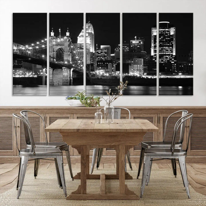 Black and White Cincinnati Bridge Cityscape Wall Art Print Canvas Wall Decor