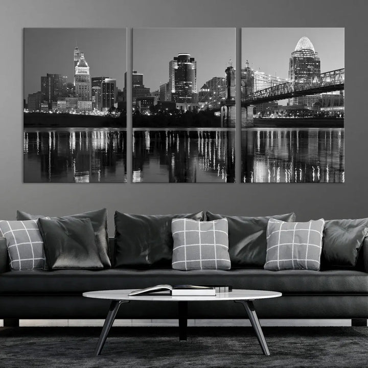 Black and White Cincinnati City Bridge Night Lights Wall Art Framed Canvas Print