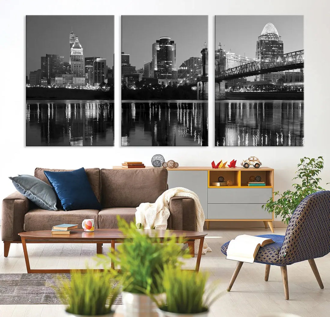 Black and White Cincinnati City Bridge Night Lights Wall Art Framed Canvas Print