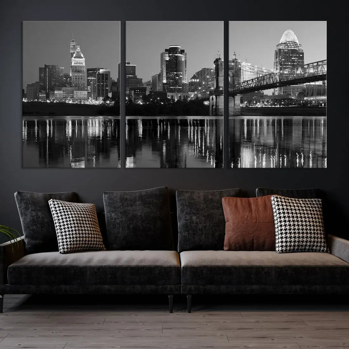 Black and White Cincinnati City Bridge Night Lights Wall Art Framed Canvas Print