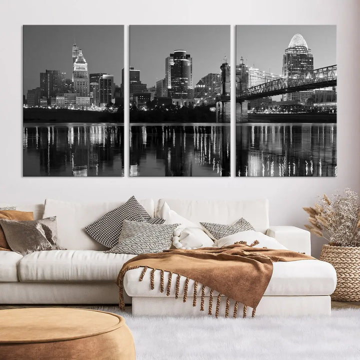 Black and White Cincinnati City Bridge Night Lights Wall Art Framed Canvas Print