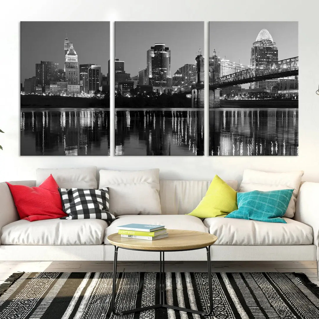 Black and White Cincinnati City Bridge Night Lights Wall Art Framed Canvas Print