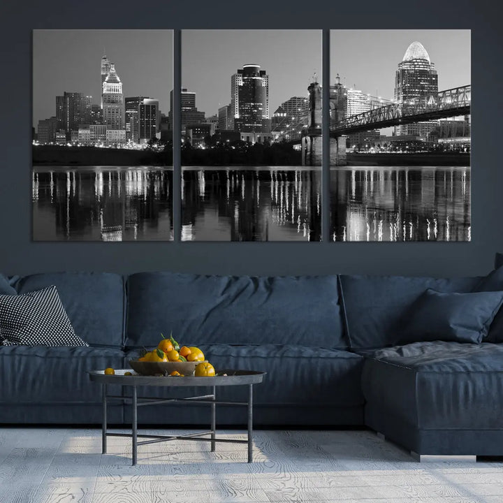 Black and White Cincinnati City Bridge Night Lights Wall Art Framed Canvas Print