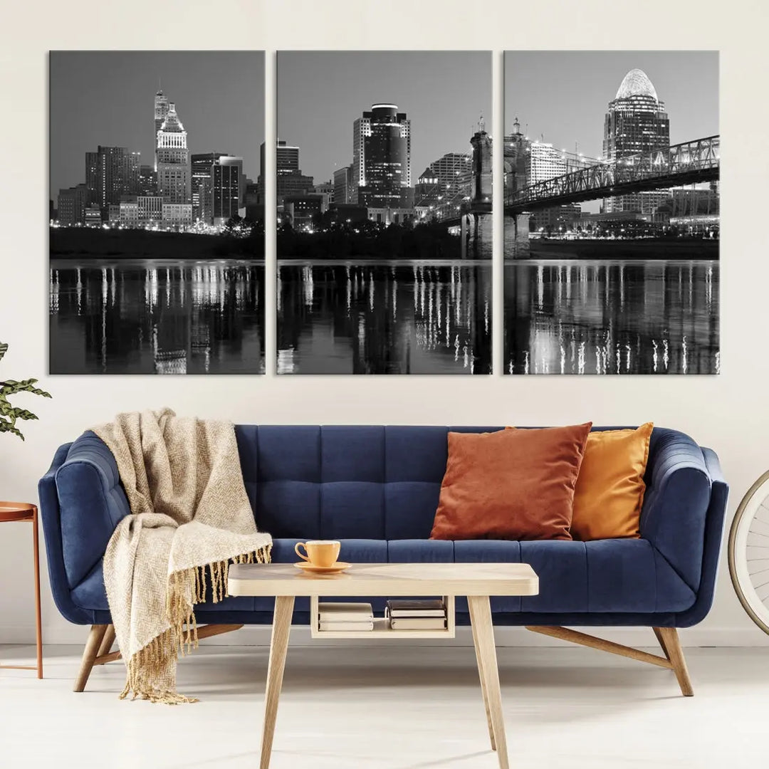 Black and White Cincinnati City Bridge Night Lights Wall Art Framed Canvas Print