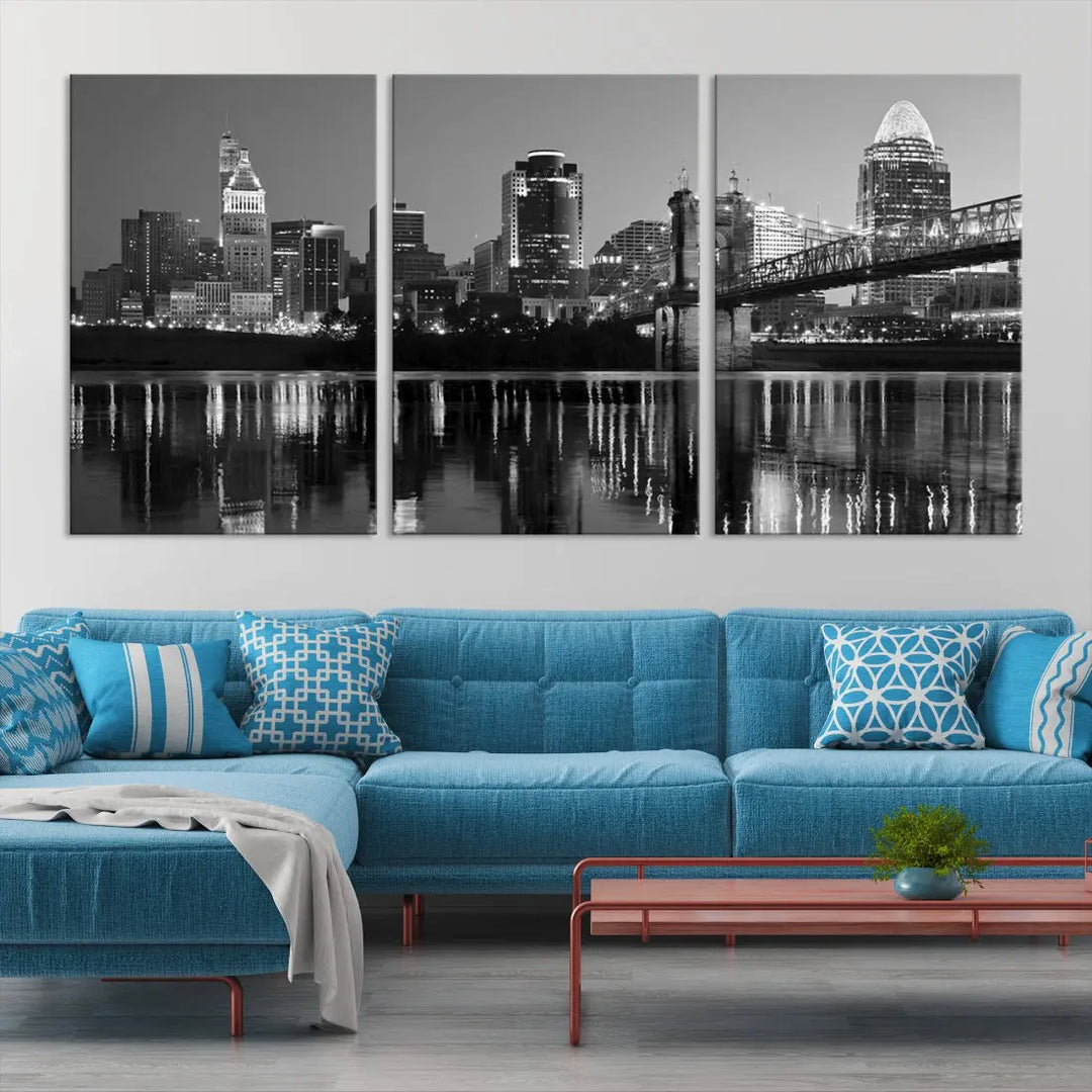 Black and White Cincinnati City Bridge Night Lights Wall Art Framed Canvas Print