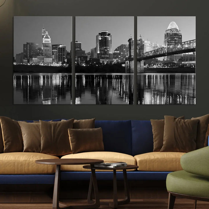 Black and White Cincinnati City Bridge Night Lights Wall Art Framed Canvas Print