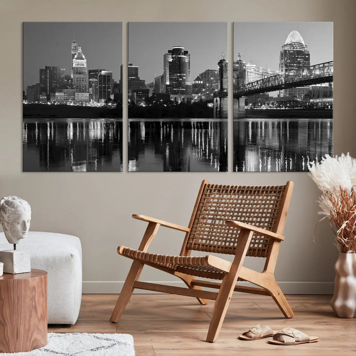 Black and White Cincinnati City Bridge Night Lights Wall Art Framed Canvas Print