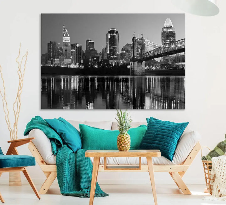 Black and White Cincinnati City Bridge Night Lights Wall Art Framed Canvas Print