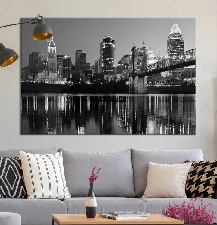 Black and White Cincinnati City Bridge Night Lights Wall Art Framed Canvas Print