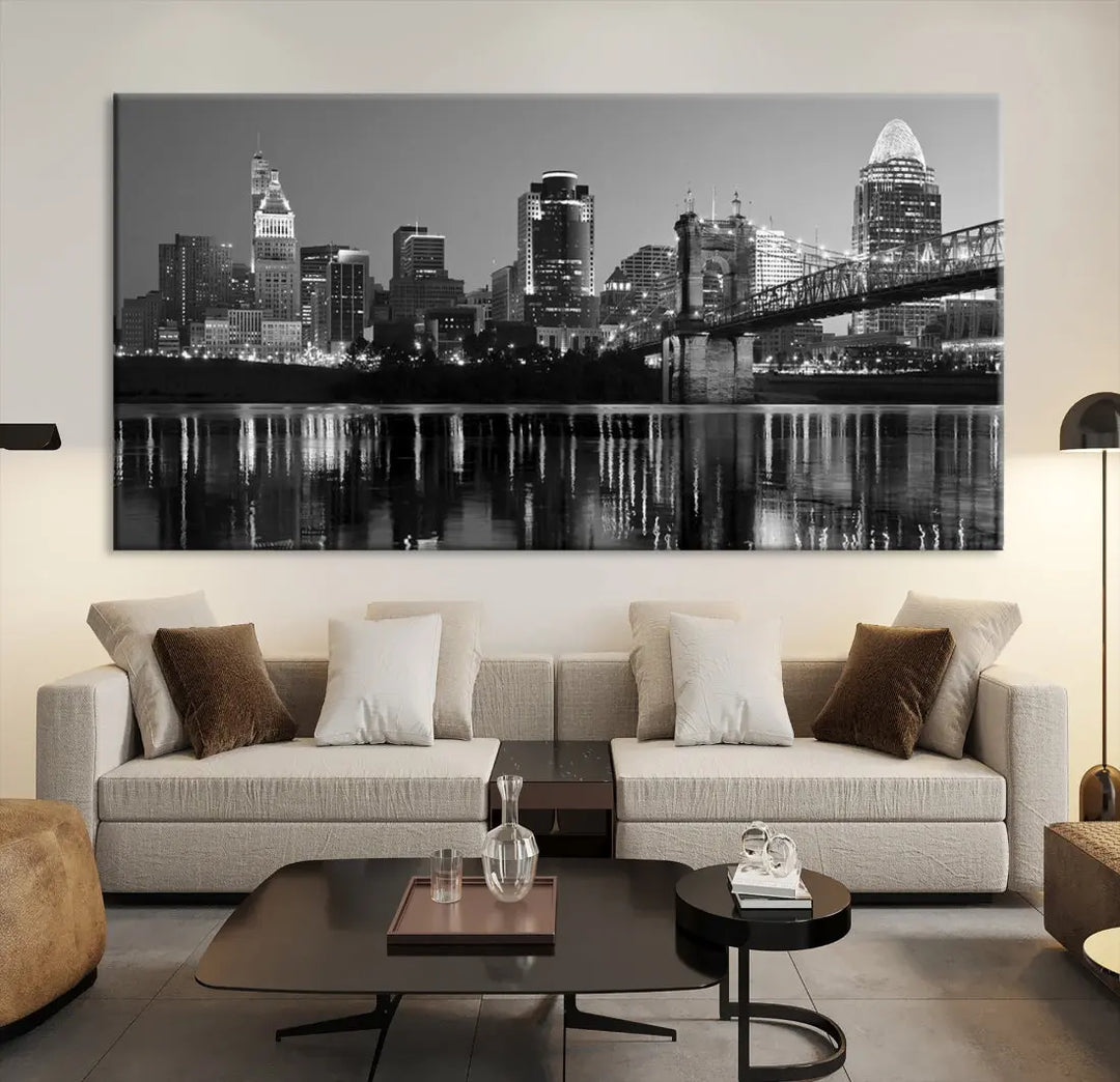 Black and White Cincinnati City Bridge Night Lights Wall Art Framed Canvas Print