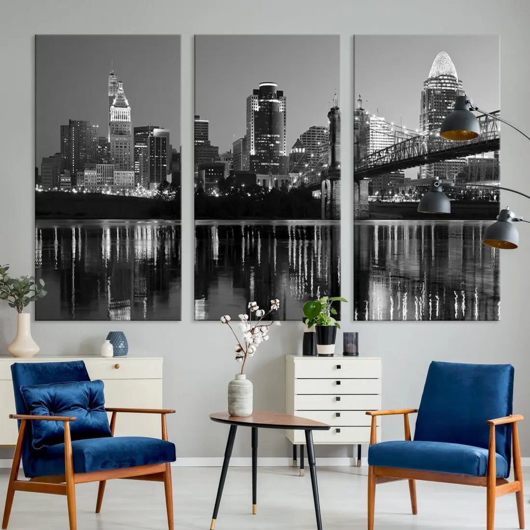 Black and White Cincinnati City Bridge Night Lights Wall Art Framed Canvas Print