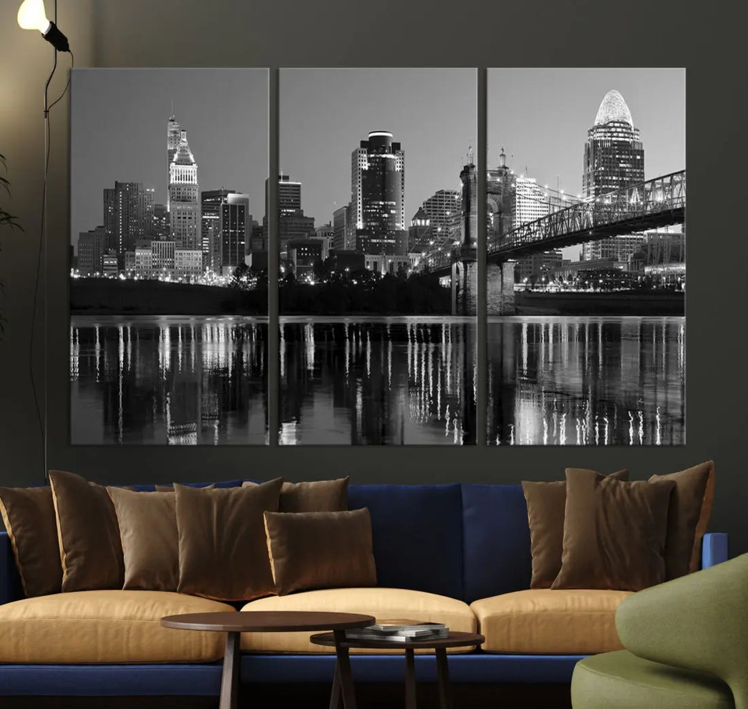 Black and White Cincinnati City Bridge Night Lights Wall Art Framed Canvas Print