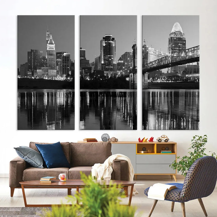 Black and White Cincinnati City Bridge Night Lights Wall Art Framed Canvas Print