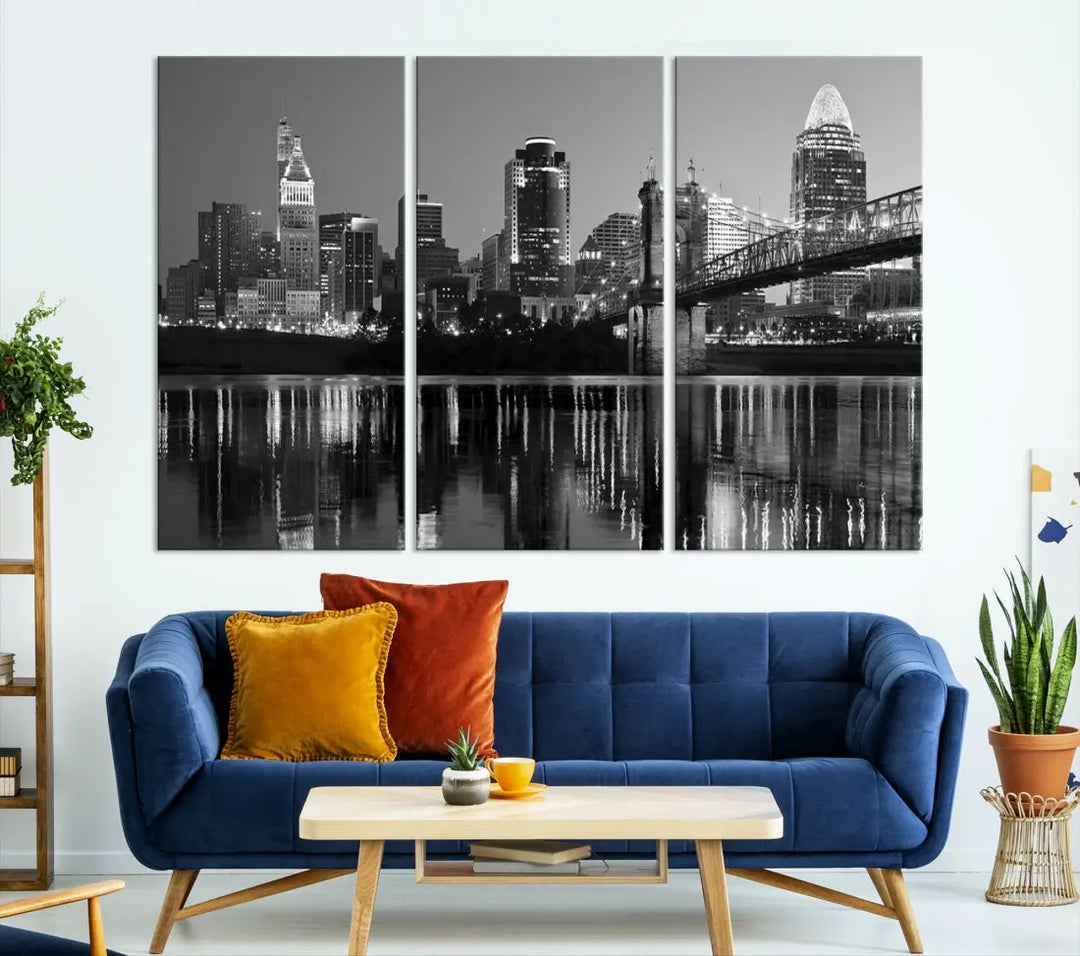 Black and White Cincinnati City Bridge Night Lights Wall Art Framed Canvas Print