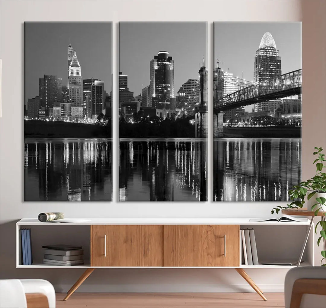 Black and White Cincinnati City Bridge Night Lights Wall Art Framed Canvas Print