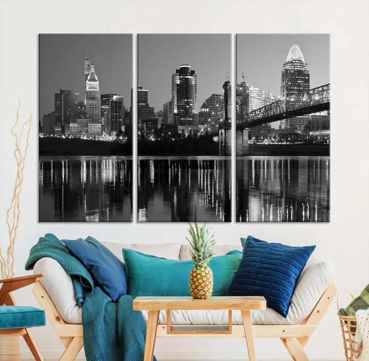 Black and White Cincinnati City Bridge Night Lights Wall Art Framed Canvas Print