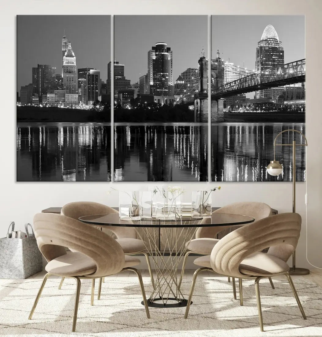 Black and White Cincinnati City Bridge Night Lights Wall Art Framed Canvas Print