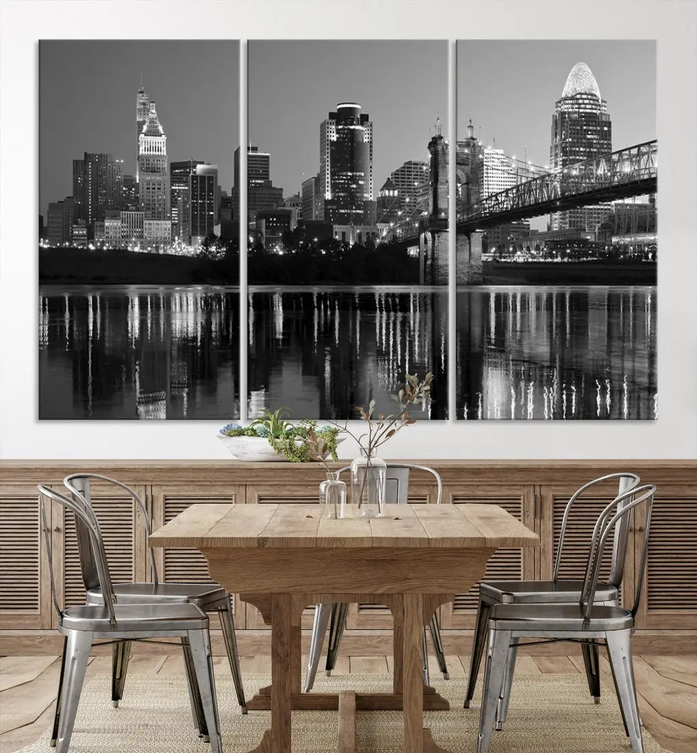 Black and White Cincinnati City Bridge Night Lights Wall Art Framed Canvas Print